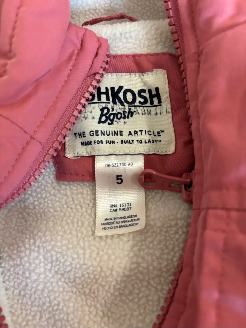 Oshkosh size 5t/5 jackets for twins warm and fuzzy/waterproof